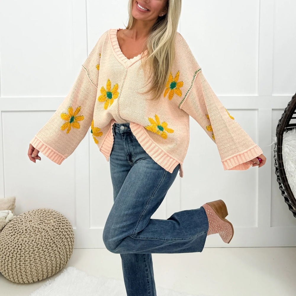 POL Cream and Yellow V-Neck Sweater with Sunflower Design